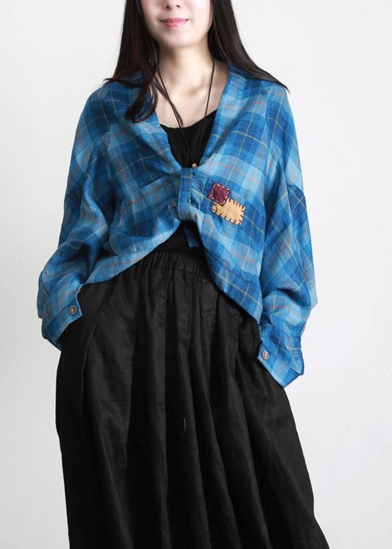 Vintage Blue Plaid Batwing Sleeve Linen Summer Shirt Tops - SooLinen
