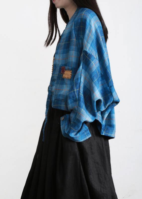 Vintage Blue Plaid Batwing Sleeve Linen Summer Shirt Tops - SooLinen