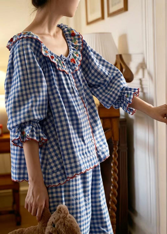 Vintage Blue Plaid Embroidered Cotton Pajamas Two Pieces Set Long Sleeve