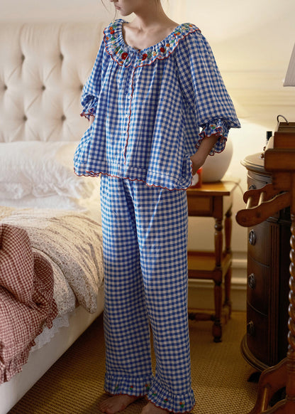 Vintage Blue Plaid Embroidered Cotton Pajamas Two Pieces Set Long Sleeve
