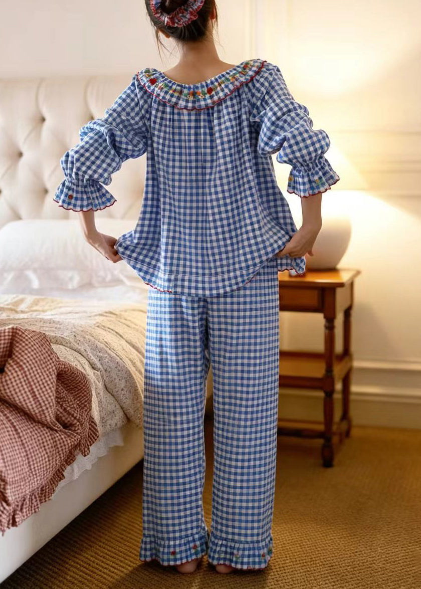 Vintage Blue Plaid Embroidered Cotton Pajamas Two Pieces Set Long Sleeve