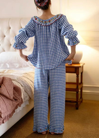 Vintage Blue Plaid Embroidered Cotton Pajamas Two Pieces Set Long Sleeve