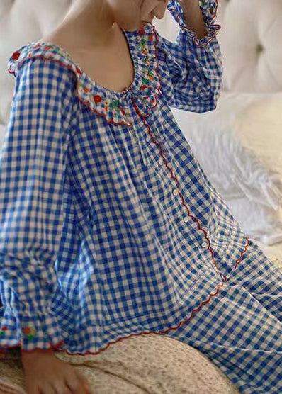 Vintage Blue Plaid Embroidered Cotton Pajamas Two Pieces Set Long Sleeve