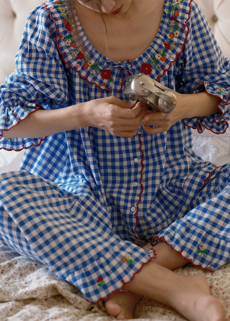 Vintage Blue Plaid Embroidered Cotton Pajamas Two Pieces Set Long Sleeve