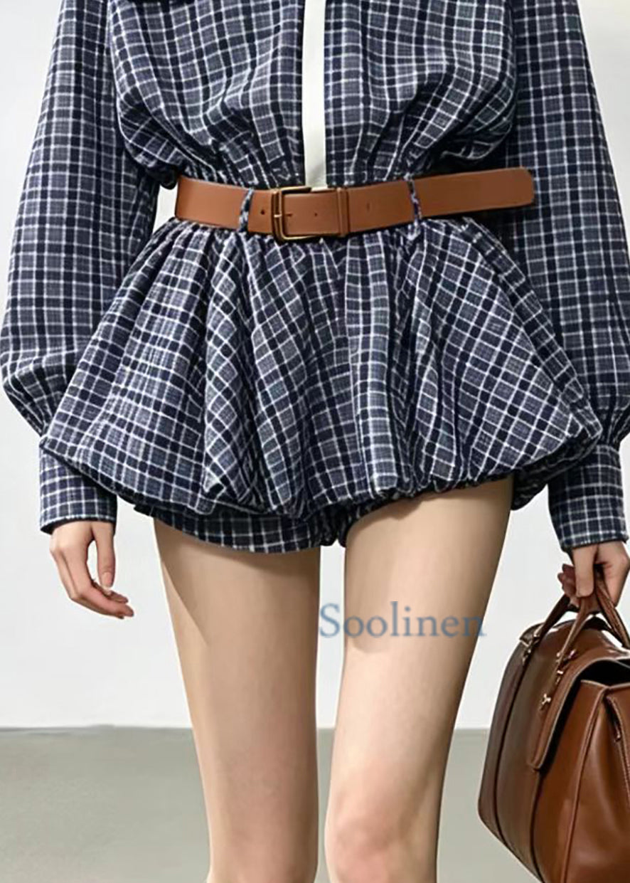 Vintage Blue Plaid Turn-Down Collar Faux Two Piece Mini Dress Fall