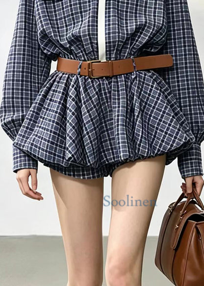 Vintage Blue Plaid Turn-Down Collar Faux Two Piece Mini Dress Fall