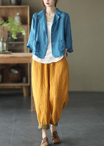 Vintage Blue Pockets Patchwork Coats Long Sleeve - SooLinen