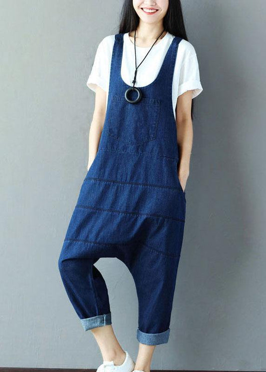 Vintage Blue Pockets wrinkled Harem Fall Cotton Romper - SooLinen