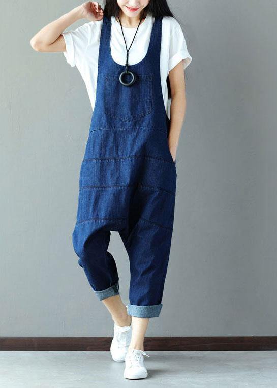 Vintage Blue Pockets wrinkled Harem Fall Cotton Romper - SooLinen
