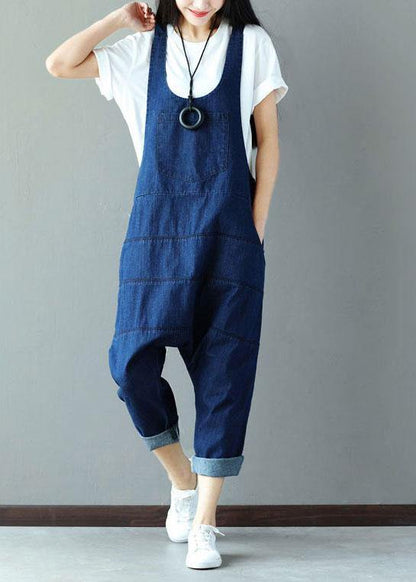 Vintage Blue Pockets wrinkled Harem Fall Cotton Romper - SooLinen