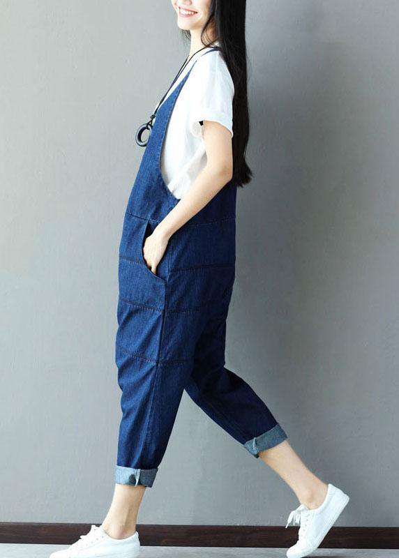 Vintage Blue Pockets wrinkled Harem Fall Cotton Romper - SooLinen