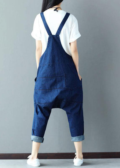 Vintage Blue Pockets wrinkled Harem Fall Cotton Romper - SooLinen