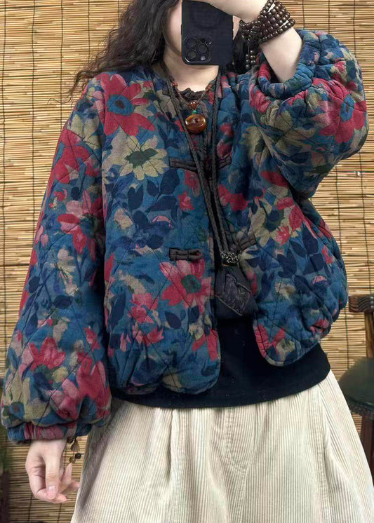 Vintage Blue Print Chinese Button Pockets Cotton Filled Coat Spring