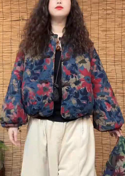 Vintage Blue Print Chinese Button Pockets Cotton Filled Coat Spring