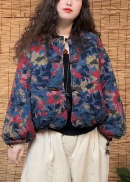 Vintage Blue Print Chinese Button Pockets Cotton Filled Coat Spring
