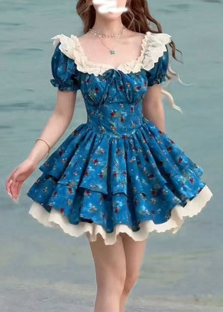 Vintage Blue Print Patchwork Lace Mini Dresses Puff Sleeve