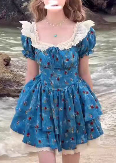 Vintage Blue Print Patchwork Lace Mini Dresses Puff Sleeve