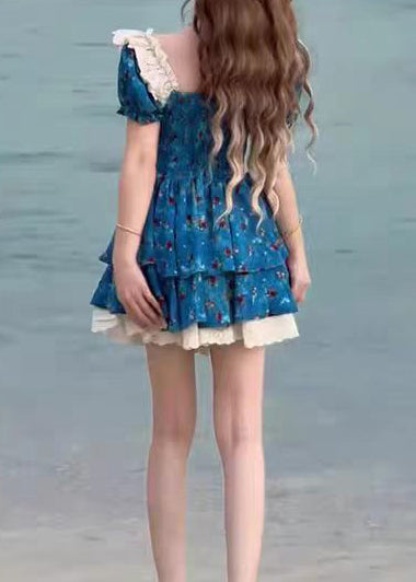 Vintage Blue Print Patchwork Lace Mini Dresses Puff Sleeve