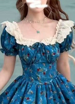 Vintage Blue Print Patchwork Lace Mini Dresses Puff Sleeve