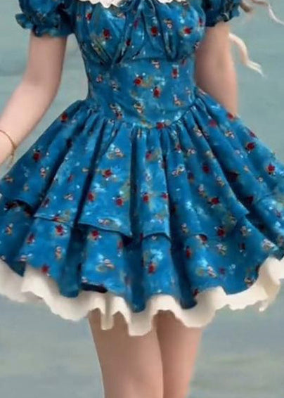 Vintage Blue Print Patchwork Lace Mini Dresses Puff Sleeve