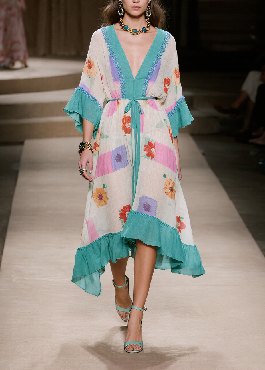 Vintage Blue Print Patchwork Ruffles Cotton Dresses Summer