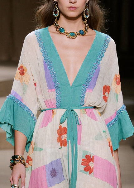 Vintage Blue Print Patchwork Ruffles Cotton Dresses Summer