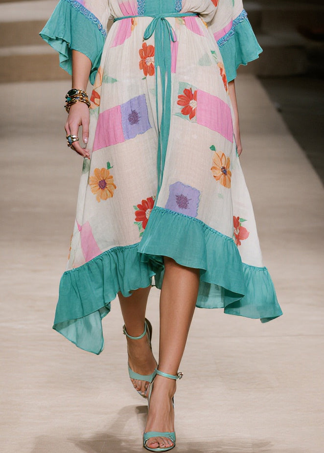 Vintage Blue Print Patchwork Ruffles Cotton Dresses Summer