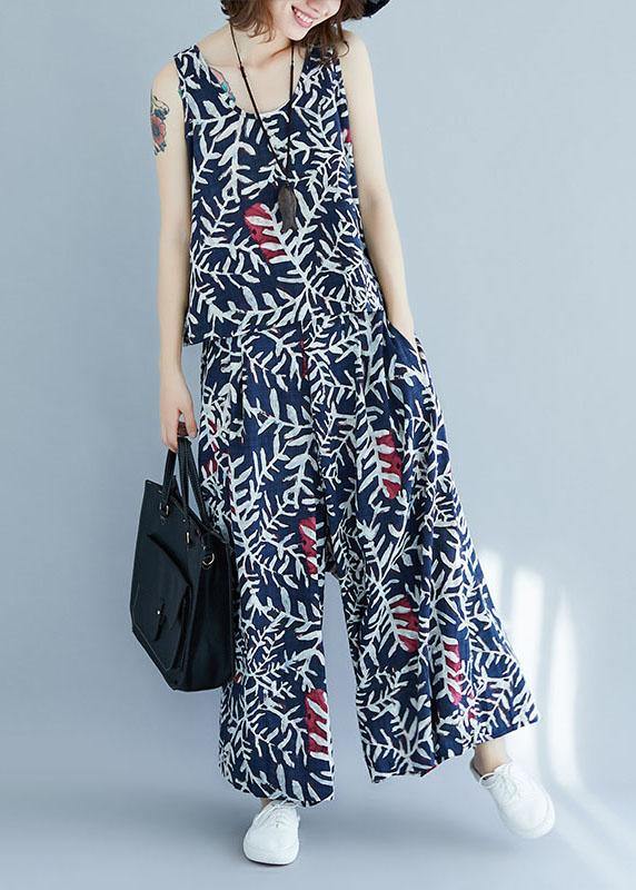 Vintage Blue Print Sleeveless Two-Piece Set Summer Cotton Linen - SooLinen