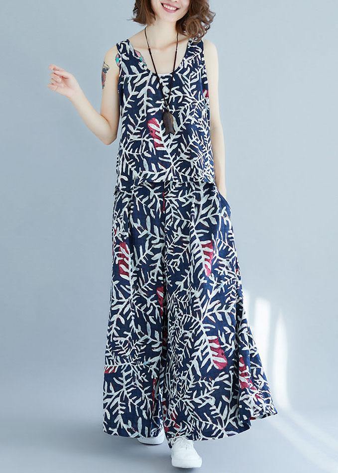 Vintage Blue Print Sleeveless Two-Piece Set Summer Cotton Linen - SooLinen