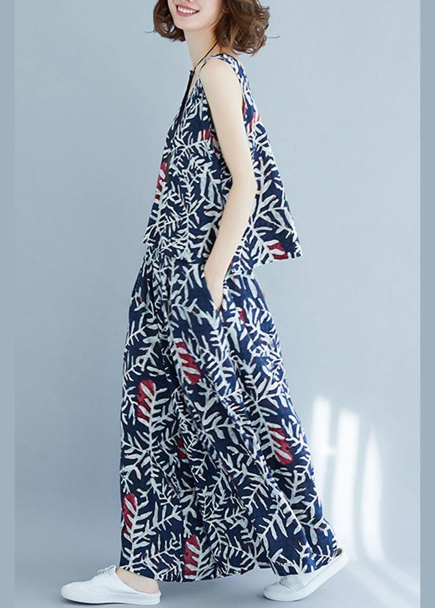 Vintage Blue Print Sleeveless Two-Piece Set Summer Cotton Linen - SooLinen