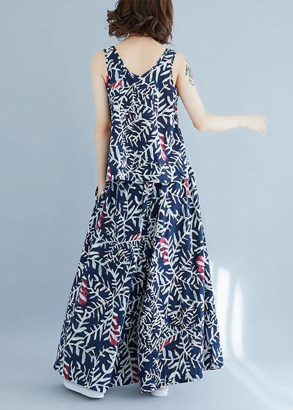 Vintage Blue Print Sleeveless Two-Piece Set Summer Cotton Linen - SooLinen