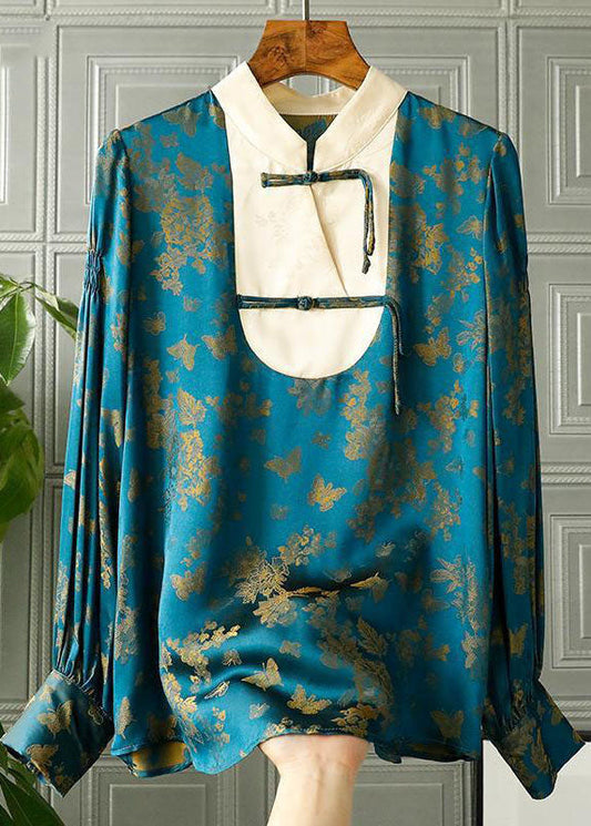 Vintage Blau Stehkragen Patchwork Jacquard Seide Shirt Top Herbst