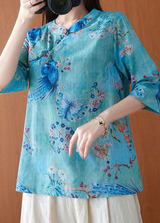 Vintage Blau Stehkragen Print Button Tops Frühling