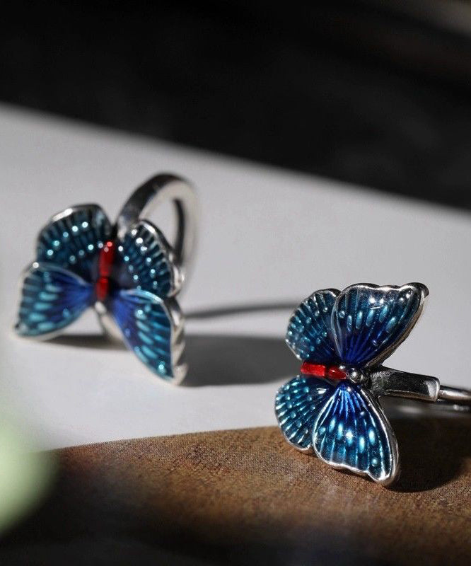 Vintage Blue Sterling Silver Butterfly Cloisonne Hoop Earrings