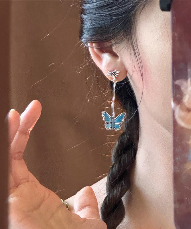 Vintage Blue Sterling Silver Overgild Asymmetrical Butterfly Floral Drop Earrings