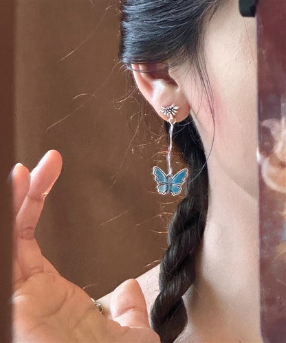 Vintage Blue Sterling Silver Overgild Asymmetrical Butterfly Floral Drop Earrings