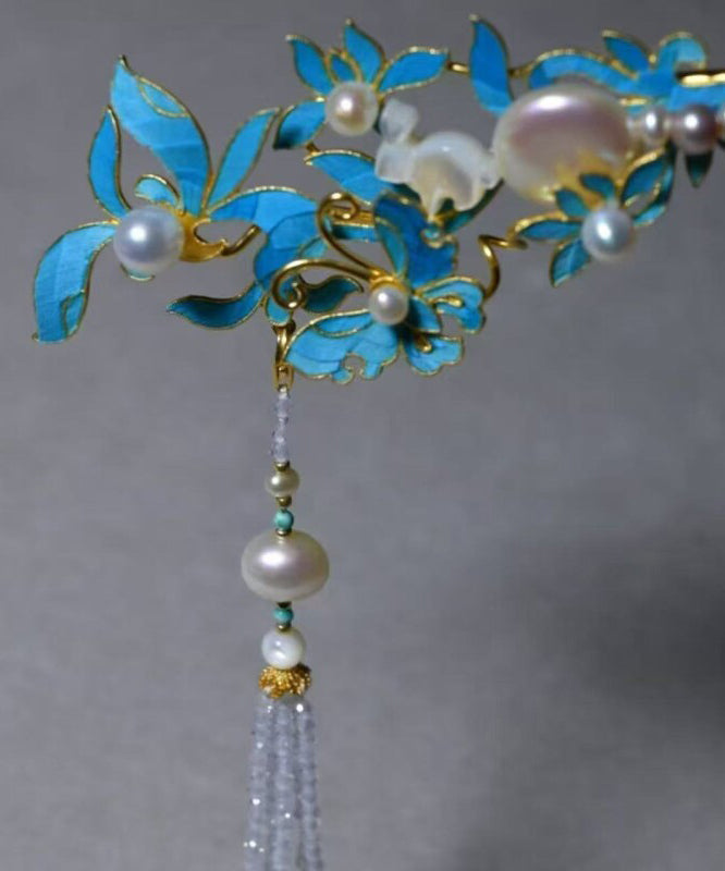 Vintage Blue Sterling Silver Overgild Pearl Tassel Single Hairpin