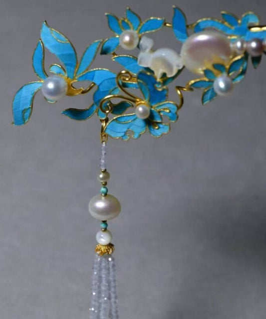 Vintage Blue Sterling Silver Overgild Pearl Tassel Single Hairpin