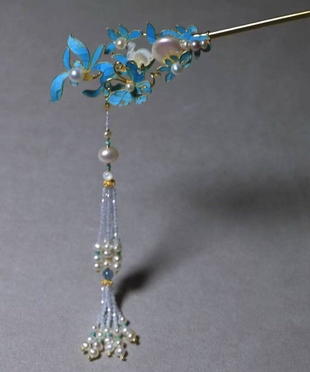 Vintage Blue Sterling Silver Overgild Pearl Tassel Single Hairpin