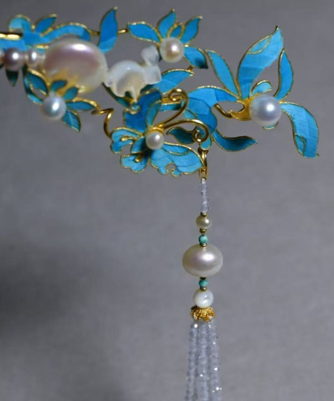 Vintage Blue Sterling Silver Overgild Pearl Tassel Single Hairpin