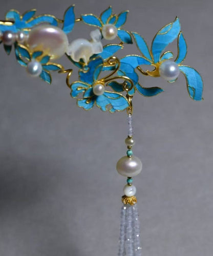 Vintage Blue Sterling Silver Overgild Pearl Tassel Single Hairpin