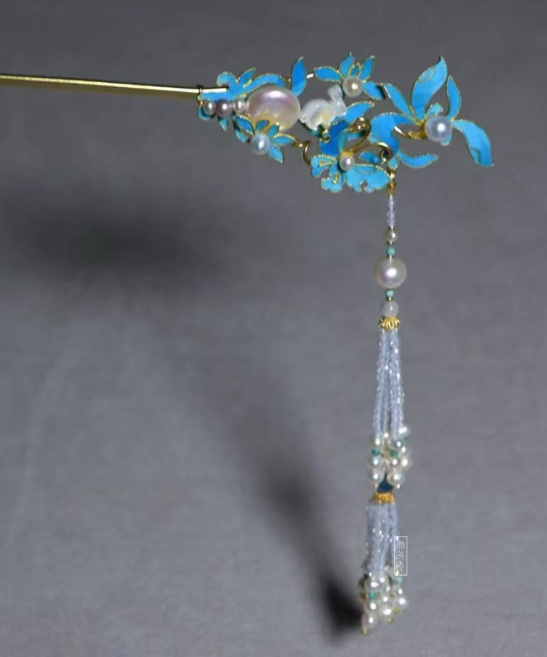 Vintage Blue Sterling Silver Overgild Pearl Tassel Single Hairpin