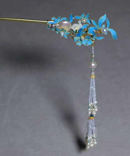 Vintage Blue Sterling Silver Overgild Pearl Tassel Single Hairpin