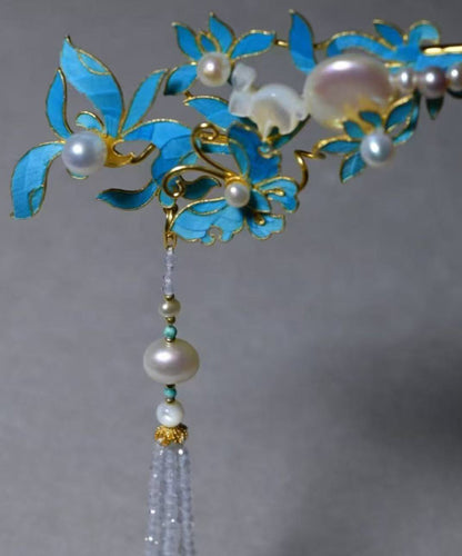 Vintage Blue Sterling Silver Overgild Pearl Tassel Single Hairpin