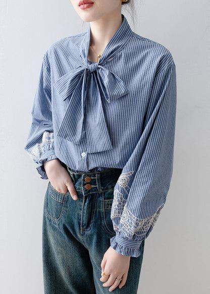 Vintage Blue Striped Bow Cotton Blouses Lantern Sleeve