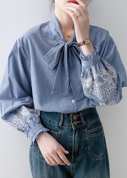 Vintage Blue Striped Bow Cotton Blouses Lantern Sleeve