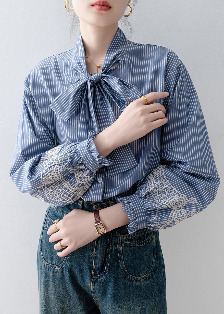 Vintage Blue Striped Bow Cotton Blouses Lantern Sleeve