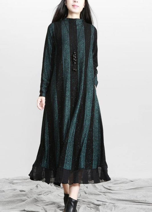 Vintage Blue Striped PatchworkChiffon Fall Long Dresses - SooLinen
