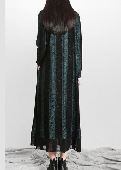 Vintage Blue Striped PatchworkChiffon Fall Long Dresses - SooLinen