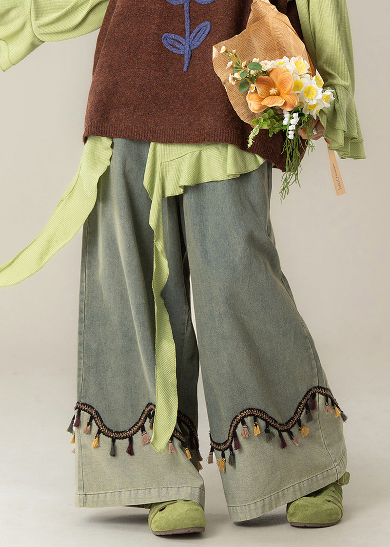 Vintage blaue Patchwork-Jeans mit Quasten, hohem Bund und weitem Bein, Frühling